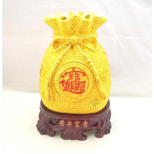 金袋 きんちゃく袋 貯金箱 招財進宝 福 金運 財運 樹脂製 18cm : 横浜