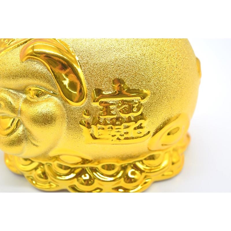 招財進宝の陶器製置物 金ブタ 金の豚 貯金箱 招財進宝 福 豪華版 横向き 陶器製置物