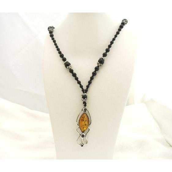 琥珀 コハク アンバー 黒珊瑚 ネックレス シルバー 一点もの 魔除け 金  