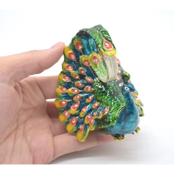 孔雀 七宝焼き 小物入れ 金属製置物 厄除け 選べる2色 緑とピンク