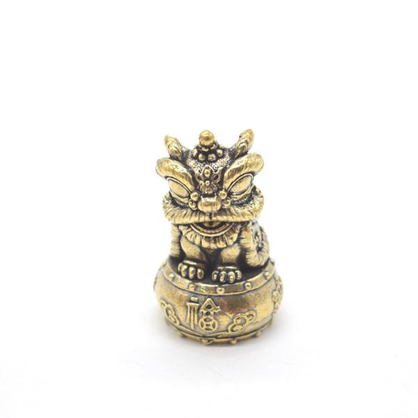 中華風獅子舞 ミニサイズ 置物 6cm 金属製 太鼓台座 縦型 | 