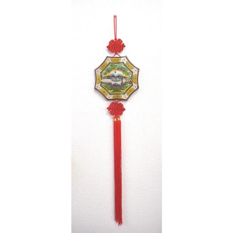 八卦飾り 根付 陶器製 獅子柄 吊るし雑貨 風水アイテム 全長約85cm