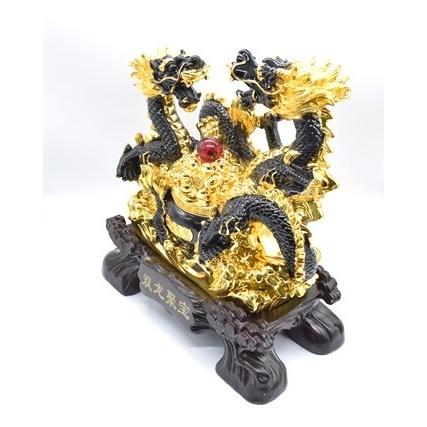 辰 龍の置物 双龍 黒龍 樹脂製 44cm 竜 聚宝盆 如意宝珠 台座付き