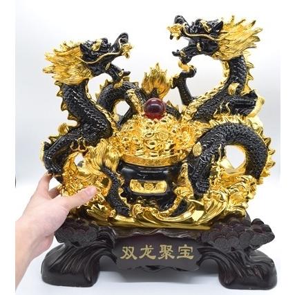 辰 龍の置物 双龍 黒龍 樹脂製 44cm 竜 聚宝盆 如意宝珠 台座付き