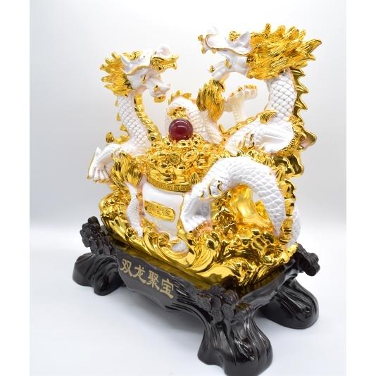 辰 龍の置物 双龍 白龍 樹脂製 44cm 竜 聚宝盆 如意宝珠 台座付き