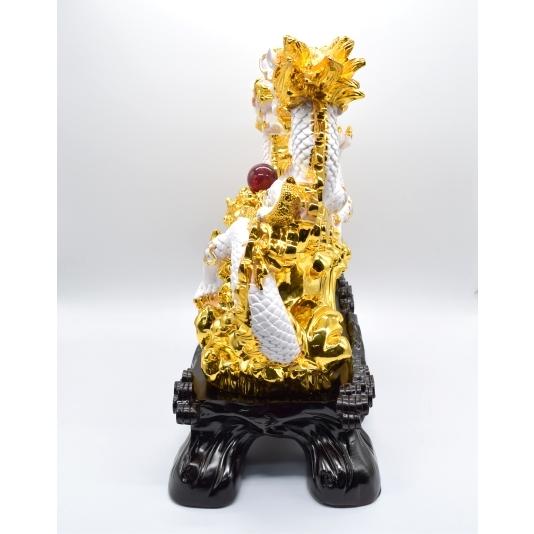 辰 龍の置物 双龍 白龍 樹脂製 44cm 竜 聚宝盆 如意宝珠 台座付き