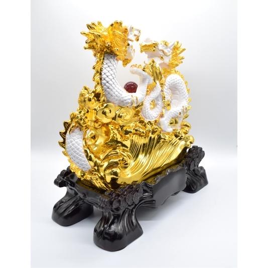 辰 龍の置物 双龍 白龍 樹脂製 44cm 竜 聚宝盆 如意宝珠 台座付き