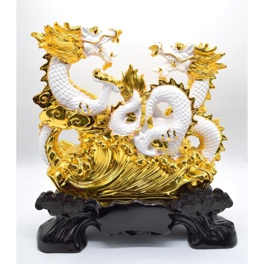 辰 龍の置物 双龍 白龍 樹脂製 44cm 竜 聚宝盆 如意宝珠 台座付き