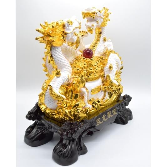 辰 龍の置物 双龍 白龍 樹脂製 44cm 竜 聚宝盆 如意宝珠 台座付き