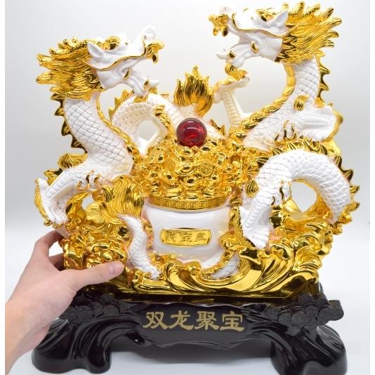 辰 龍の置物 双龍 白龍 樹脂製 44cm 竜 聚宝盆 如意宝珠 台座付き