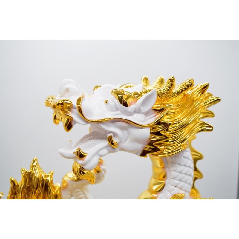 辰 龍の置物 双龍 白龍 樹脂製 44cm 竜 聚宝盆 如意宝珠 台座