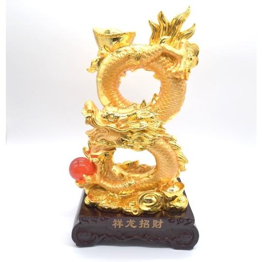 龍 金 8型 如意宝珠 元宝 末広がり 樹脂製置物 台座付き 39cm