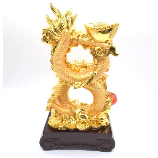 龍の置物 8の字龍 金色 竜 元宝 元宝 末広がり 台座付き 樹脂製 39cmの画像