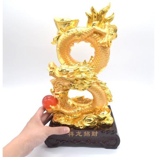 龍の置物 8の字龍 金色 竜 元宝 元宝 末広がり 台座付き 樹脂製 39cmの画像