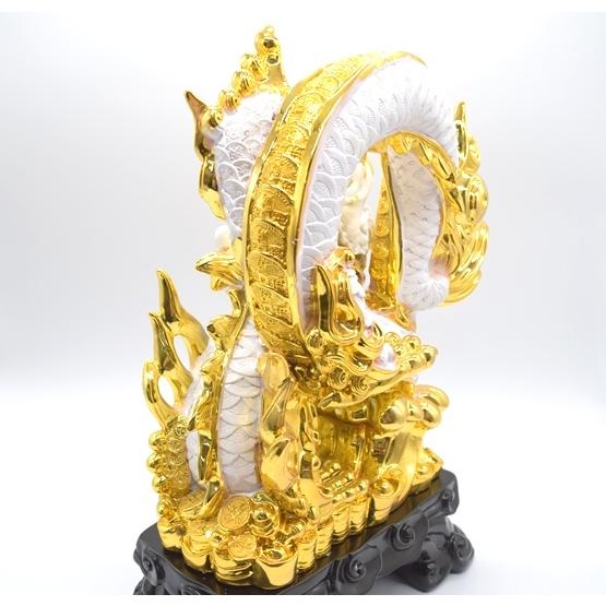 辰 龍の置物 8の字龍 白と金 樹脂製 39cm 竜 8型 古銭 末広がり 台座