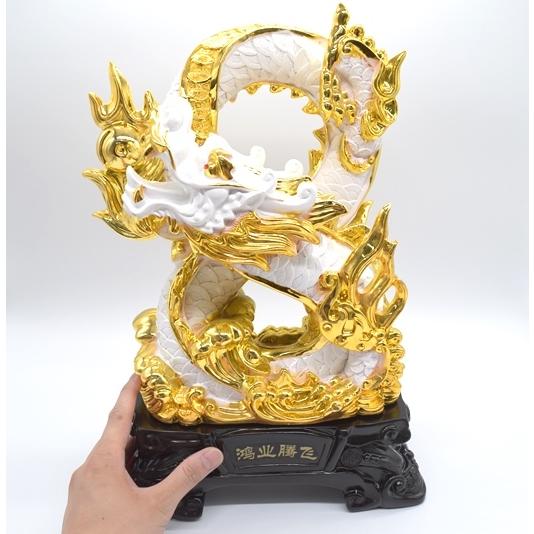 辰 龍の置物 8の字龍 白と金 樹脂製 39cm 竜 8型 古銭 末広がり 台座