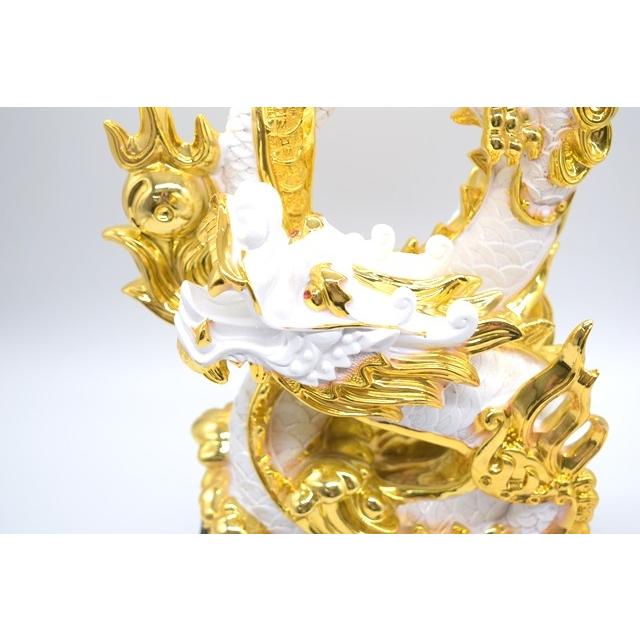 辰 龍の置物 8の字龍 白と金 樹脂製 39cm 竜 8型 古銭 末広がり