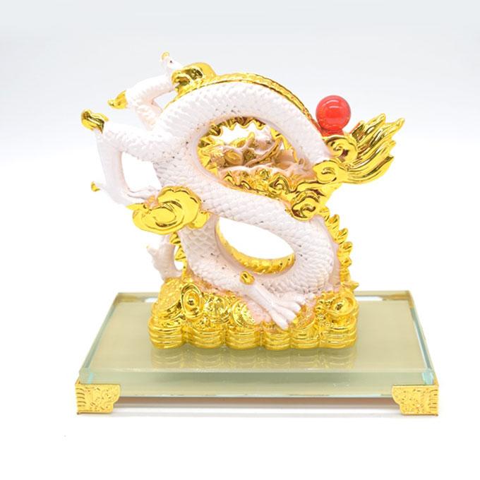 辰 龍の置物 白 8の字龍 樹脂製 15cm 8型 竜 ガラス台座付き 末広がり