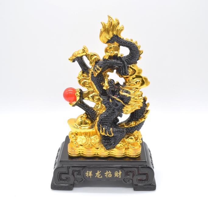 辰 龍の置物 8の字龍 黒 重ね8 樹脂製 28cm 8型 竜 如意宝珠 招財進宝