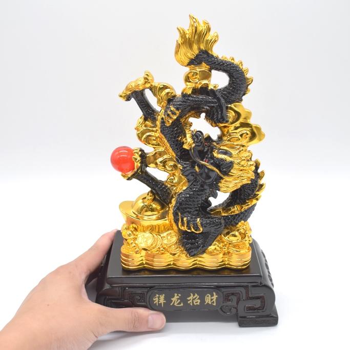 辰 龍の置物 8の字龍 黒 重ね8 樹脂製 28cm 8型 竜 如意宝珠 招財進宝