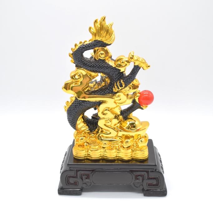 辰 龍の置物 8の字龍 黒 重ね8 樹脂製 28cm 8型 竜 如意宝珠 招財進宝