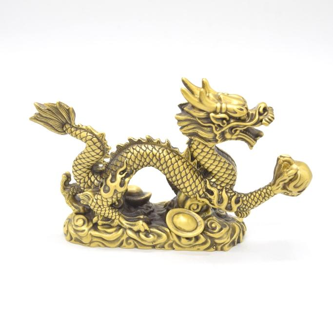ヤマ　時代金工　古銅　輝銘　宝珠龍　置物　約3.9㎏　F　R9062B 龍 ドラゴン 如意宝珠 横長型 四本爪 銅製置物 13cm : 横浜中華街龍