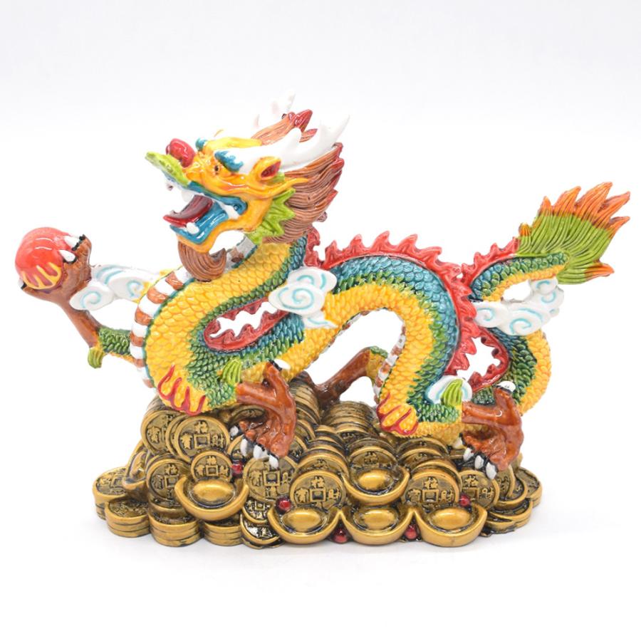 辰 龍の置物 カラフル 樹脂製 17cm 竜 赤い玉 台座付き 彩色済