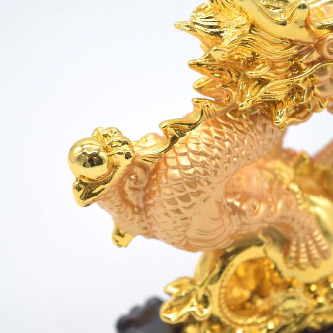 龍の置物 龍 瓢箪 振り向き 台座付き 樹脂製置物 金色 16cm