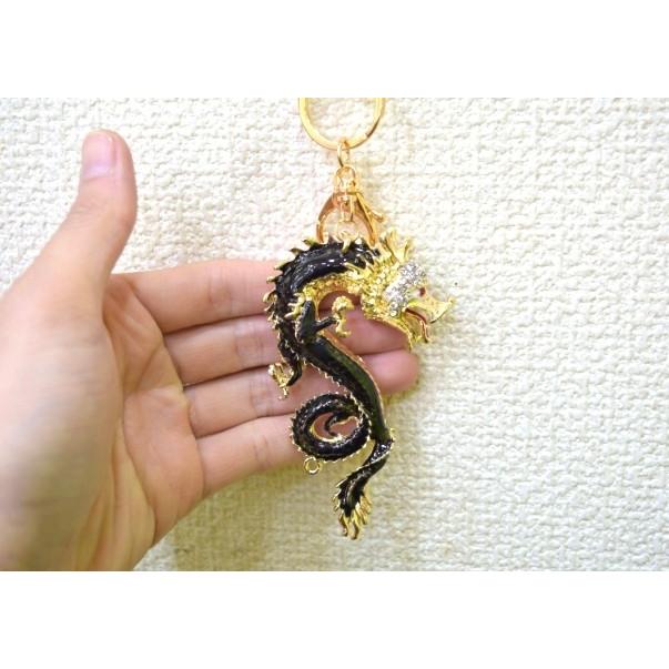 【メール便OK】 龍 竜 七宝焼き キーホルダー 黒 ブラック 金属製 |  | 01