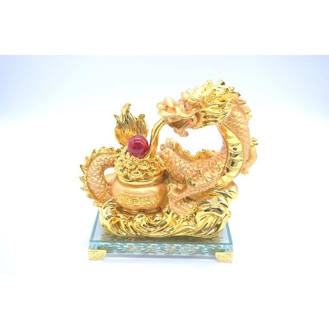 龍の置物 五本指皇帝龍 金 ガラス台座 如意宝珠 聚宝盆 樹脂製置物 20cm | 