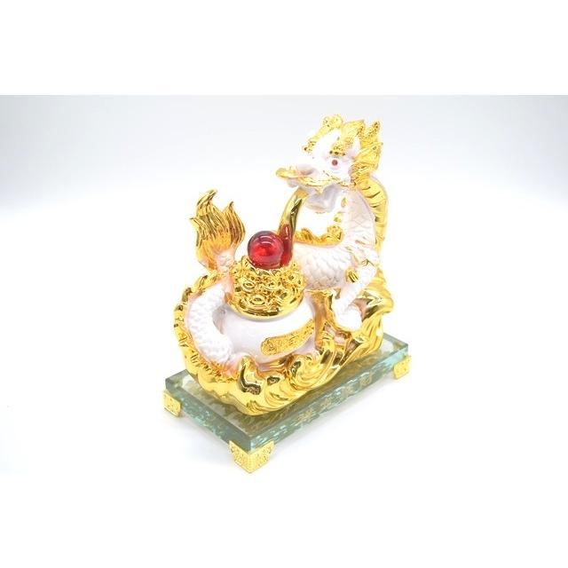 龍の置物 龍 白 ガラス台座 如意宝珠 聚宝盆 樹脂製置物 五本指皇帝龍