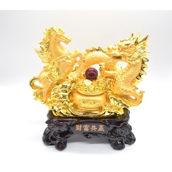 龍 馬 金色 聚宝盆 樹脂製置物  風水インテリア 台座付き うまくいく 成功 30cm