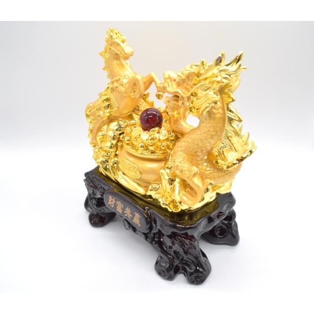 龍 馬 金色 聚宝盆 樹脂製置物  風水インテリア 台座付き うまくいく 成功 30cmの画像
