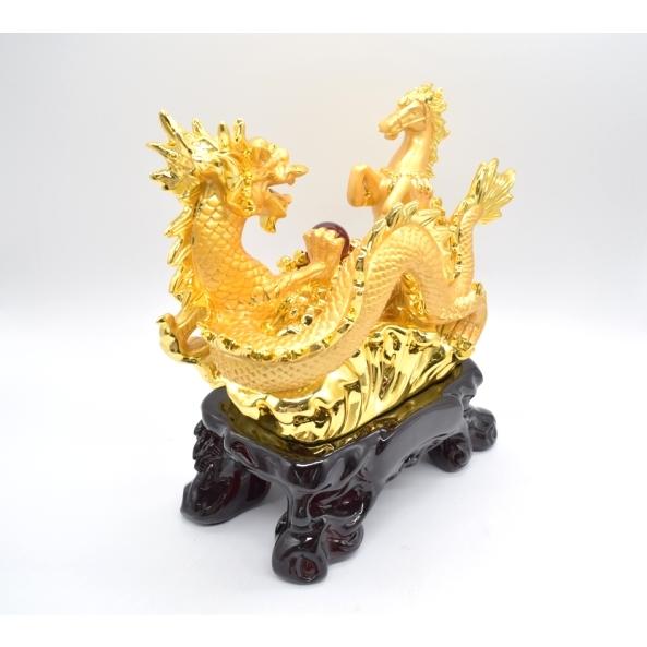 龍 馬 金 聚宝盆 樹脂製置物 風水インテリア 30cm 台座付き うまくいく
