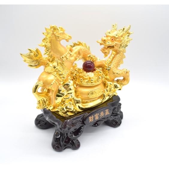 龍 馬 金色 聚宝盆 樹脂製置物  風水インテリア 台座付き うまくいく 成功 30cmの画像