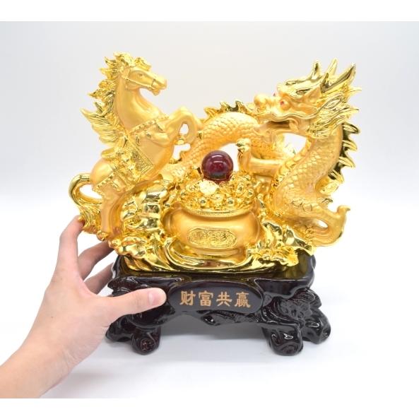龍 馬 金 聚宝盆 樹脂製置物 風水インテリア 30cm 台座付き うまくいく