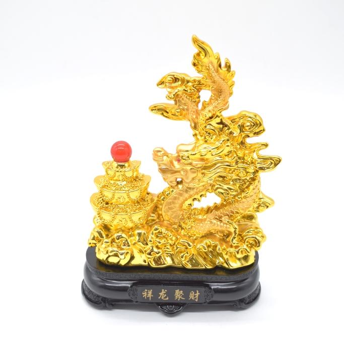 龍の置物 龍 左向き 如意宝珠 樹脂製置物 黒台座付き 元宝三連