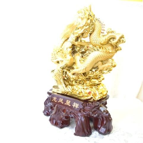 龍 鳳凰 樹脂製置物 台座付き 金色 43cm 夫婦円満 : 横浜中華街
