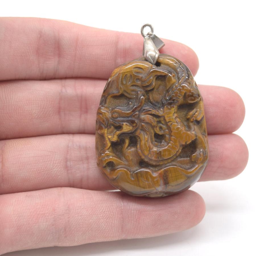 龍の彫り物 ペンダントヘッド タイガーアイ 虎目石 天然石パーツ