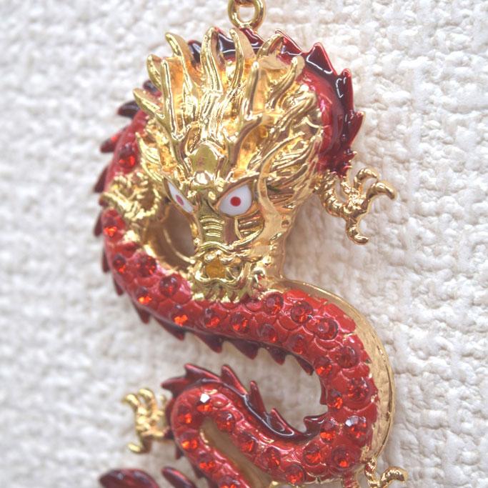 赤龍 七宝焼き ラインストーン付き 金属製置物 6cm メール便OK】 龍 竜 七宝焼き キーホルダー 赤 レッド 正面向き 金属製