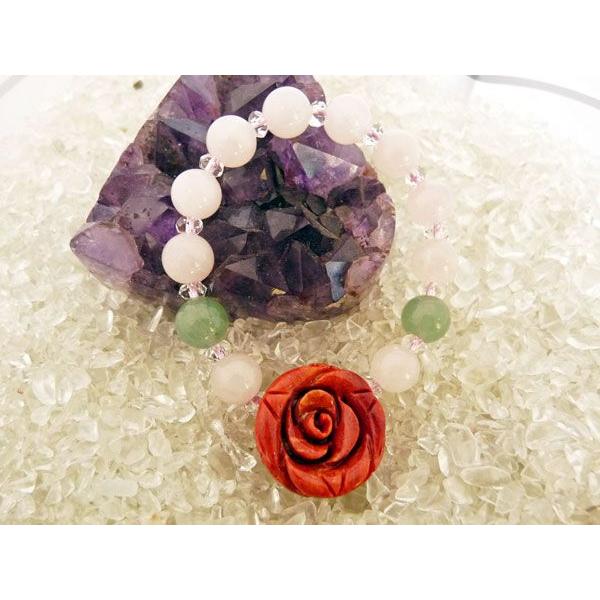 薔薇彫りサンゴ 珊瑚 ローズクォーツ アベンチュリン パワーストーン 天然石ブレスレット 女性のお守り 厄よけ 安産祈願 | 