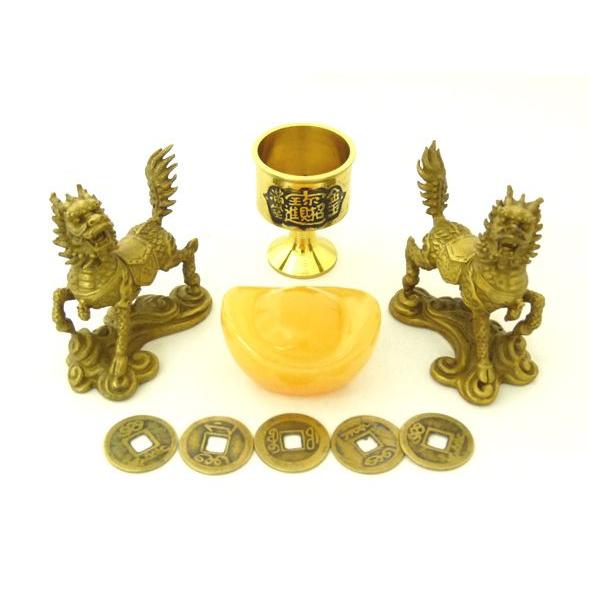 麒麟 置物 ペア 銅杯 元宝 古銭 財運 家庭円満 人間関係 初めての風水セット | 