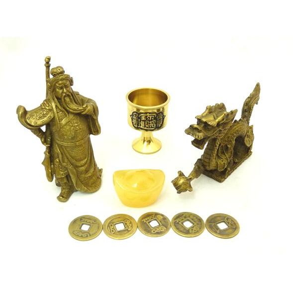 龍 関羽 置物 銅杯 元宝 古銭 風水インテリア 開運 事業運 初めての風水セット | 