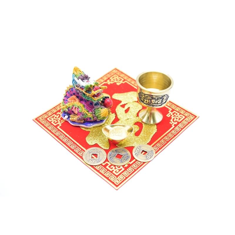 辰 龍の置物 風水セット 樹脂製 5cm 銅杯 元宝 古銭 福飾りつき 竜 | 