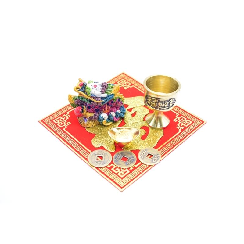 辰 龍の置物 風水セット 樹脂製 5cm 銅杯 元宝 古銭 福飾りつき 竜 |  | 01