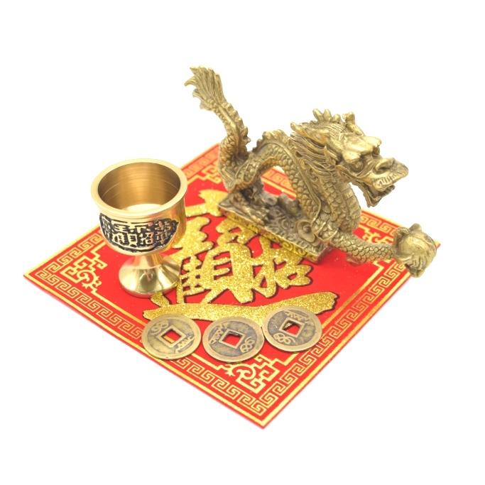 龍 銅製置物 銅杯 古銭付き 風水セット 小 | 