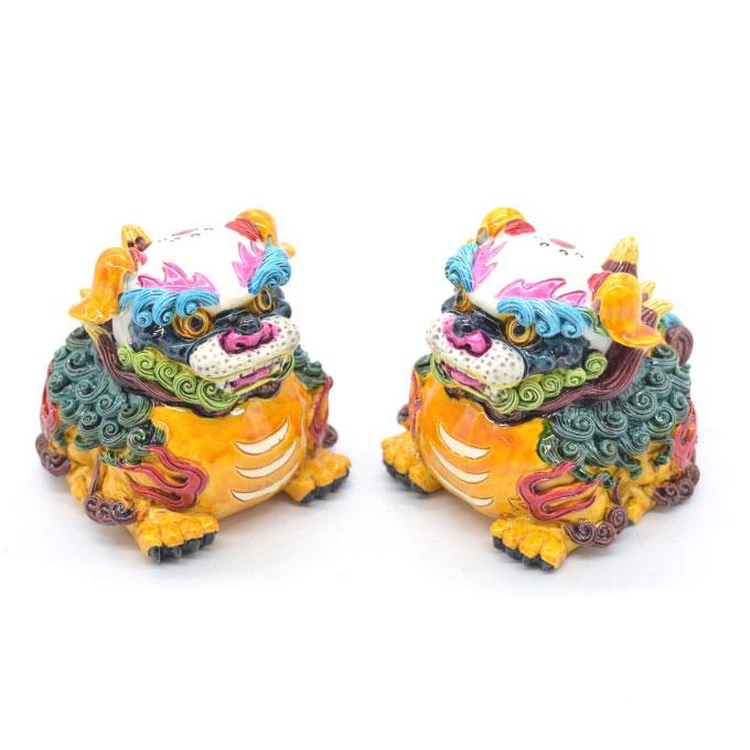 獅子 ペアセット 風水インテリア フルカラー彩色 樹脂製置物 6.5cm 魔