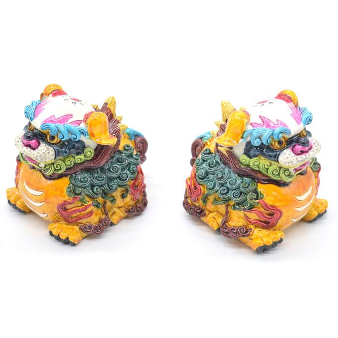 獅子　置物　2体セット 獅子 ペアセット 風水インテリア フルカラー彩色 樹脂製置物 6.5