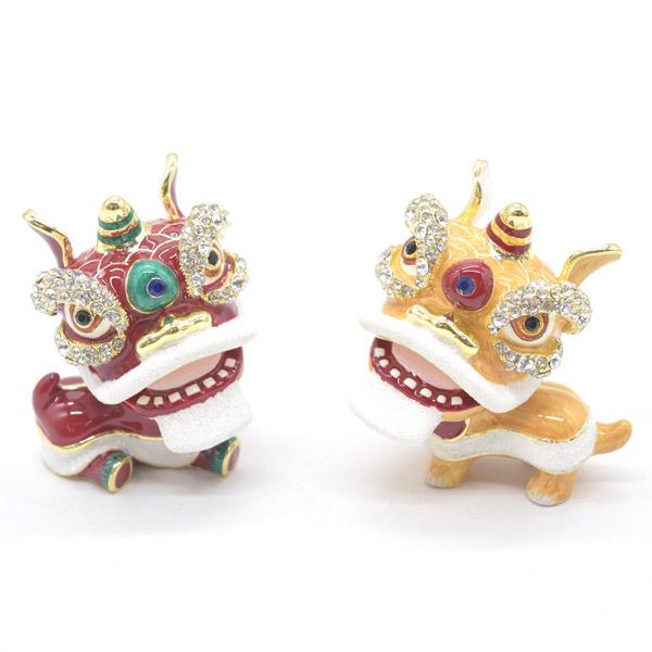 赤龍 七宝焼き ラインストーン付き 金属製置物 6cm 獅子舞の置物 ペアセット 七宝焼き 小物入れ 6.5cm 金属製 ライン