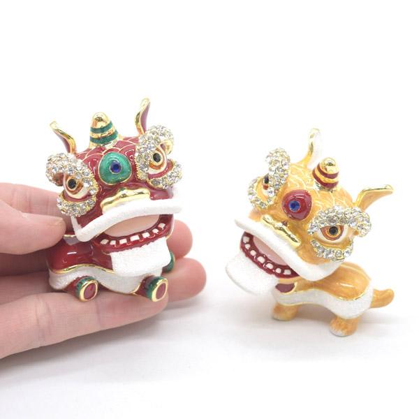 獅子舞の置物 ペアセット 七宝焼き 小物入れ 6.5cm 金属製 ライン
